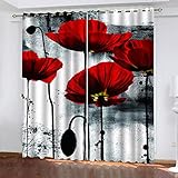 XLBOND Vorhänge Blickdicht Gardinen Mit Ösen Verdunkelungsvorhang Thermovorhang Für Kinderzimmer Wohnzimmer Fensterdekoration 3D Rote Mohnblume Muster Ösenschal 232X236cm(HxB) 2Er Set
