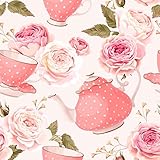 Loussiesd Blumenstoff Meterware, Romantische Rose Teetassen Polsterstoff für Stühle, Nachmittagstee im Vintage-Stil, dekorativer wasserdichter Outdoor-Stoff, 920 x 150 cm, Rosa