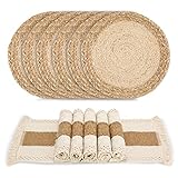 Zology Handgefertigtes Boho-Tischsets, 6er-Set, natürliche Baumwolle, Jute und Wasserstroh, gewebte Kombinationstischsets, Makramee-Dekor und Bauernhaus-Stil, für Esstisch, Küche