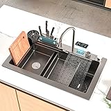 Küchenspüle Edelstahl Waschbecken Küchenspülen, Wasserfall-Küchenspülen-Set, Nano-Spüle aus Edelstahl 304, Heimspüle, Gemüsebecken mit ausziehbarem Wasserhahn, Hinzufügen einer Druckspüle aus Glas