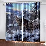 SAKKAI Vorhänge Blickdicht Thermogardine Wohnzimmer Mit Ösen, Verdunkelungsvorhang Schlafzimmer 3D Waldtier Schneewolf Druck Muster Vorhang Kinderzimmer Fensterdekoration 2Er Set 264X240cm