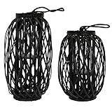 ECD Germany 2er Set Laterne Ried 40xØ26cm/50xØ28cm mit Henkel, Schwarz, Seilfaser, Flechtoptik Rattan Windlicht mit Glaseinsatz, Retro-Laterne, Handgeflochtene Gartenlaterne Kerzenhalter Kerzenständer