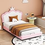 RPEMQJF Polsterbett 90 * 200cm mit Lattenrosten und Rückenlehne, Mädchenbett mit Kronenformung, Rosa Kinderbett (Matratze Nicht enthaltet)