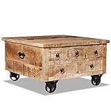 yorten Couchtisch Wohnzimmertisch Sofatisch mit Schubladen aus Raues Mangoholz 70 x 70 x 40 cm (L x B x H) mit 4 Eisenrädern