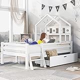 FEZTOY Hausbett Spielbett Kinder Bett, Vielseitiges Kiefernrahmen Kinderbett mit Leiter und Schubladen, Hochbett Massivholz mit Rausfallschutz 90x200cm Weiß