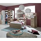 Lomadox 120 cm Jugendbett Teenagerbett mit Bettschubkästen und Eckkleiderschrank, begehbar und beleuchtet und Hochkommode in Eiche Nb. mit weiß