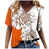 Damenmode Große Größen Oversize Bluse Damen 2023 Blusen Damen Übergröße Bequemer T Shirts Sommer V Ausschnitt Lässig Oberteile Damen Kurzarm Yoga Lockeres mit Print Orange