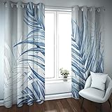 HengYun ART Blaue Blätter Verdunkelungsvorhänge Tropische Pflanzen Thema Raum Verdunkelung Vorhänge für Schlafzimmer weiße Palmblatt wärmeisolierte Fenstervorhänge 2xH138 x B117 cm