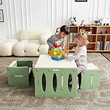 BanaSuper Tisch und Stuhlset für Kinder Kinderschreibtisch aus Kunststoff mit 2 Hockern Multifunktions Möbelset für Kleinkinder Zuhause Schule Kindergarten (Grün Grau)