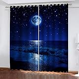 Vorhang Blickdicht Mit Ösen, 3D Blaue Sternenklare Seelandschaft Druck Verdunklungsvorhänge, Thermogardine Für Schlafzimmer Wohnzimmer Kinderzimmer Küche Fensterdekoration 2Er Set 220X214cm (BxH)