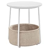 VASAGLE Beistelltisch rund, Kleiner Tisch, Couchtisch klein, Wohnzimmertisch mit Korb aus Stoff, Stauraum für Wohnzimmer, Schlafzimmer, Nachttisch modern, weiß-beige LET223W10