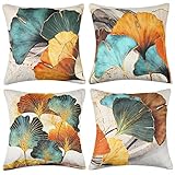 Kissenbezug Petrol Kissenbezug 50x50 Grün Kissenbezüge Natur Landhausstil Kissenbezug Türkis Gold Ginkgo Biloba Leinen Kissen Kissenhülle Dekokissen Sofakissen für Sofa Balkon Patio Garten 4er Set