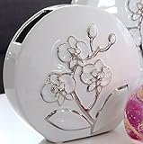 GILDE Flaschenvase Dekovase Tischvase Blumenvase weiß mit silberner Blumenmusterung, 7x23x22 cm