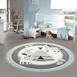 Teppich-Traum Kinderzimmer Teppich Spielteppich Indianer Zelt Löwe Zebra Kaktus grau Creme gelb Größe 160 cm rund