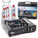 Alpen Camping BAVARIA 2in1 Gaskocher für Kartsuchen Campingkocher 1-flammig mit Koffer und Herdkreuz | Outdoor Gasgrill für gaskartuschen 227g (Gaskocher + 4 Kartuschen)