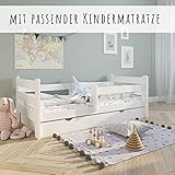 Kids Collective Kinderbett Jugendbett 90x200 cm mit Rausfallschutz | Voll-Holz inkl. Matratze Lattenrost & Schublade in weiß Kiefer | Mädchen Jungen Bett skandinavisch