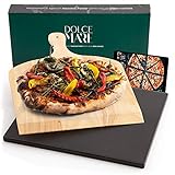 DOLCE MARE Pizzastein schwarz Inkl. Holz-Pizzaschieber - Pizza Stein aus hochwertigem Cordierit für Backofen & Grill - Backstein für knusprige Pizza wie beim Italiener - auch als Brotbackstein