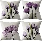 QUALKNOY Kissenbezug 40x40 4er Set - Lila Blumen Sofakissen Kissenhülle Couchkissen Outdoor Dekokissen Kissenbezüge Home Deko Kissen Bezug Wohnzimmer Zierkissen