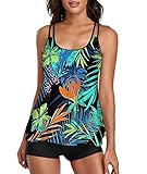 Damen Tankini Bauchweg Bademode Set Damen Freizeit Tankini Badeanzug Zweiteiler Tankini Set Sommer Elegant Badeanzüge für Damen Tankini Oberteil mit Badeshorts Grün Tropische Blätter Druck XXL