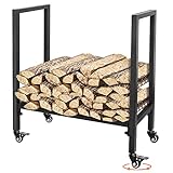 Kaminholzregal Innen und Aussen, Mobile Metall Brennholzregal Außen 68 x 30 x 73CM, Holzstapelhilfe für Kamin & Ofen, Holzunterstand für Kaminholz Innen, Schwarz