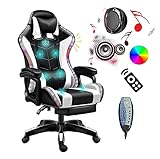 Gaming Stuhl Mit Fußstütze, Ergonomischer Gaming-Stuhl Mit Lautsprechern Und LED Licht Massage Videospiel Stühle Mit Hoher Rückenlehne Bequemer Computer Bürostuhl Aus Pu Leder (Color : White+Black)