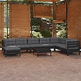 JUNZAI 9-TLG. Garten-Lounge-Set mit Kissen, Lounge Gartenmöbel Set, Gartenlounge Set, Loungemöbel, Möbelsets, Balkon Möbel, Garten Möbel, Schwarz Kiefer Massivholz