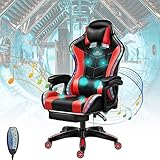 Full Massage Gaming Stühle mit Fußstütze, LED Gamer Stuhl mit Lautsprechern und Lendenwirbelstütze, PU Leder Racing Swivel Rocker Bürostühle für Erwachsene und Jugendliche,Rot