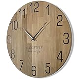 FLEXISTYLE Wanduhr Natur Durchmesser 50cm holzoptik 100% Eiche, Holz modern, Wohnzimmer, ohne tickgeräusche … (50cm, Schwarz)