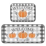 Welcome Fall Pumpkin Kitchen Rug and Mat Set of 2 Anti Müdigkeit Non Slip Washable Farmhouse Buffalo Plaid Autumn Runner Rugs Floor Mats for Thanksgiving Holiday Kitchen Laundry Room Home Decor