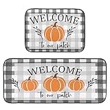 Welcome Fall Pumpkin Kitchen Rug and Mat Set of 2 Anti Müdigkeit Non Slip Washable Farmhouse Buffalo Plaid Autumn Runner Rugs Floor Mats for Thanksgiving Holiday Kitchen Laundry Room Home Decor