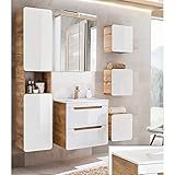 Lomadox Badmöbel Komplett Set, Hochglanz weiß mit Wotan Eiche Nb, 61 cm Keramik-Waschtisch, LED-Spiegelschrank, Hochschrank und 3 Hängeschränke