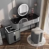 OqCeha Schminktisch mit Hocker und Spiegel Schminktisch mit Nachttisch Schminktisch mit Verstellbarem LED-Spiegel Gepolsterter Hocker Bluetooth-Audio Kabelloses Aufladen B,100CM