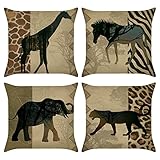 Bonhause 4er Set Kissenbezüge Tiere Leopard Afrikanische 45 x 45 cm Doppelseitig Polyester Leinen Dekorative Kissenhülle Zierkissenbezüge für Sofa Schlafzimmer Wohnzimmer Zuhause Dekoration
