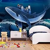 Tapete Fototapete 3d Effekt Cartoon handbemalte Whale Castle Wandbild Wandtapete Hauptdekorationen für Wohnzimmer Schlafzimmer-（300cm×210cm） blau