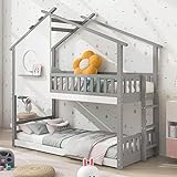 KecDuey Hausbett, 90 x 200cm Etagenbett mit rechtwinkliger Leiter, Kinderbett, mit Fallschutz und Barriere, Rahmen aus Kiefernholz (Grau)