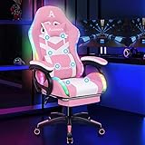 ALFORDSON Gaming Stuhl mit 8-Punkt Massage 12 Farben RGB LED-Licht, Ergonomischer Gaming Sessel mit fußstützen, Kopfstütze Lendenkissen für Kinder Erwachsene, Rosa und Weiss