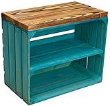 Kistenkolli Altes Land Sitzkiste Johanna Obstkiste und massiven Holzplanken Schuhablage Schuhkommode Hocker Sitzbank Holzbank Regalkiste aus Holz Maße 50 x 29 x 43cm L x T x H (Türkis/geflammt)