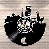 OUAPPA Wanduhr Torre Pendente Di Pisa Wandkunst Wanduhr Schiefer Turm von Pisa Vinyl Schallplatte Wanduhr Italien Sightseeing Stadtbild Wanduhr Uhr Geschenk