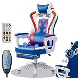 HULKI Massage-Gaming-Stuhl mit Fußstütze, ergonomischer Video-Computer-Gaming-Stuhl mit Lautsprechern, RGB-LED-Licht, Lendenwirbelstütze, Rennstuhl for Erwachsene, Teenager, Gamer (Color : Blue)