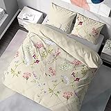 DILIOS Premium Bettwäsche 135x200, Blumen Beige Botanik 100% Atmungsaktive Angenehme Baumwolle mit Reißverschluss, Renforcé, 2teilig Bettbezug 135 x 200 cm + Kissenbezug 80 x 80
