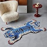 1,5 x 1 m tibetischer Tiger-Teppich, blau, handgetuftet, Hochflorteppich, maschinenwaschbar mit rutschfester TPR-Unterseite – Schlafzimmer, Badezimmer, Wohn- und Esszimmer, Heimdekoration