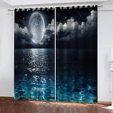 Gardinen Wohnzimmer Schlafzimmer 3D Vollmond-Nachtblick Auf Das Meer Muster 2Er Set Blickdichter Vorhang Kinderzimmer Wohnzimmer Energiesparende Geräuschreduzierende Kindergardinen 210X264cm(HxB)