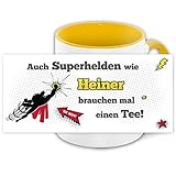 Namens-Tasse Heiner mit Superhelden-Motiv für Teetrinker, gelb/weiss