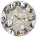 Happy Easter Bunte Eier auf altem Holz, dekorative Wanduhr, nicht tickend, 25,4 cm, batteriebetrieben, rund, leicht zu lesen, für Zuhause/Büro/Schule