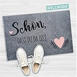 WELLMODA® Fußmatte I Schön, DASS du da bist I Waschmaschinen geeignet & rutschfest I Fussmatte für außen & innen I Fußabtreter für Haustür, Deko in 40x60 cm & Grau