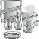 DWELLZA 6-teiliges Badezimmer-Zubehör-Set, komplettes Bad-Set mit Seifenspender, Zahnbürstenhalter, Becher, Seifenschale, quadratischer Taschentuchbezug, Abfalleimer (Silber Mosaik)