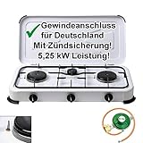 Camping Gas-Kocher 3-flammig mit Zündsicherung 50 mbar Weiss inkl. Gasschlauch 100cm und Gasdruckregler 50mbar