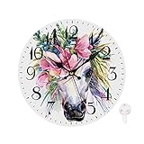 LOKMU Leise, nicht tickende Uhr, 25,4 cm, runde Wanduhr, dekorativ für Wohnzimmer, Küche, Zuhause, Bad, Schlafzimmer, Büro oder Schule, Aquarell, weißes Pferd in Blume