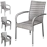 Casaria Polyrattan Gartenstühle 4er Set Stapelbar Höhenverstellbar 120 kg Belastbarkeit Armlehne Garten Balkon Terrasse Stapelstuhl Gartensessel Grau