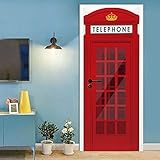 WLXWYXZB 3D Türaufkleber Retro-Telefonzelle 80x210cm Türtapete selbstklebend Türsticker -Fototapete Türfolie Poster Tapete DIY Selbstklebende Wandbild PVC Wasserdichte Tapete